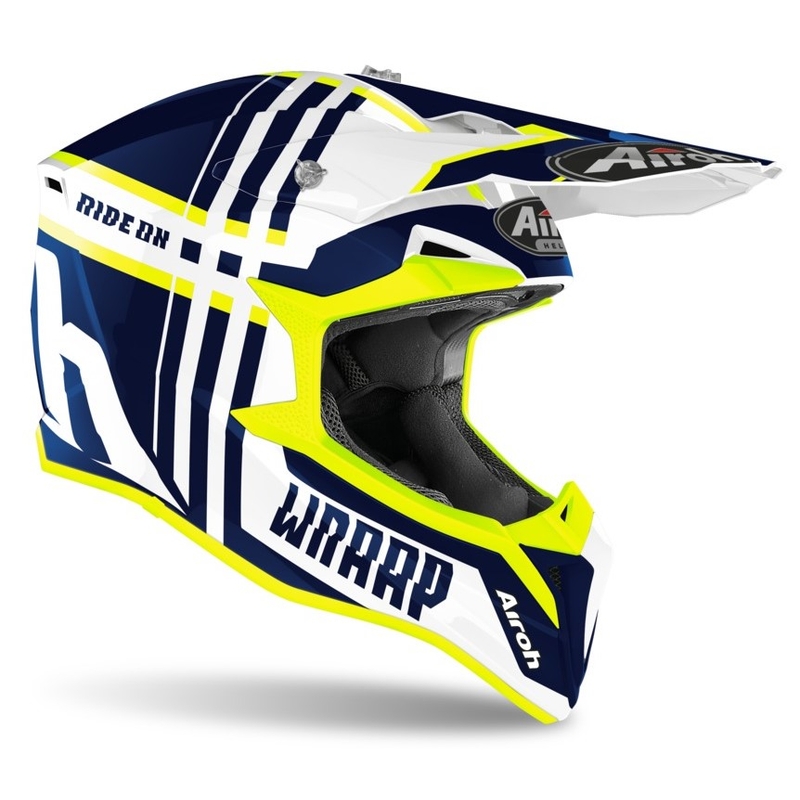 Motocross kaciga Airoh Wrap Broken plavo-bijela-fluo žuta
