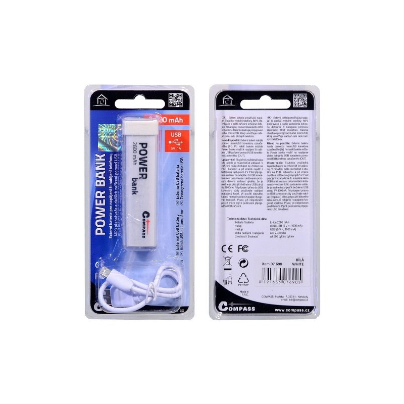 POWER BANK 2600mA bijeli + kabel 30cm