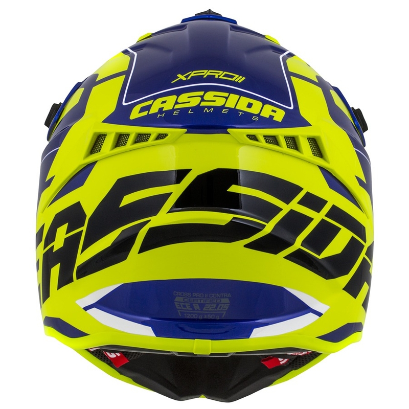Motocross kaciga Cassida Cross Pro II Contra fluo žuto-plavo-bijela