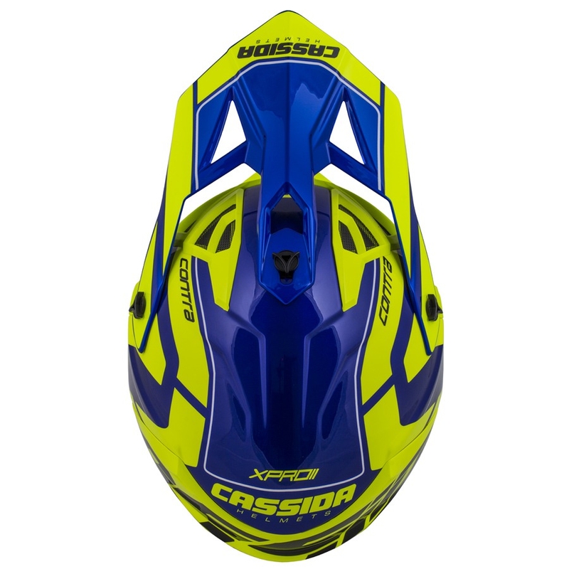 Motocross kaciga Cassida Cross Pro II Contra fluo žuto-plavo-bijela