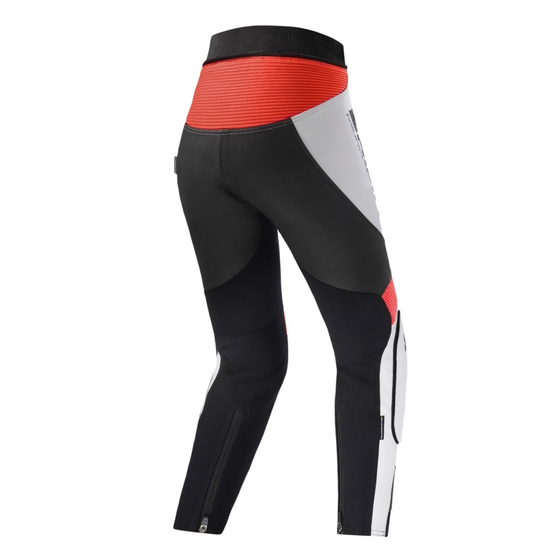 Ženske motociklističke hlače Shima Miura 2.0 crno-bijelo-fluo crvene boje