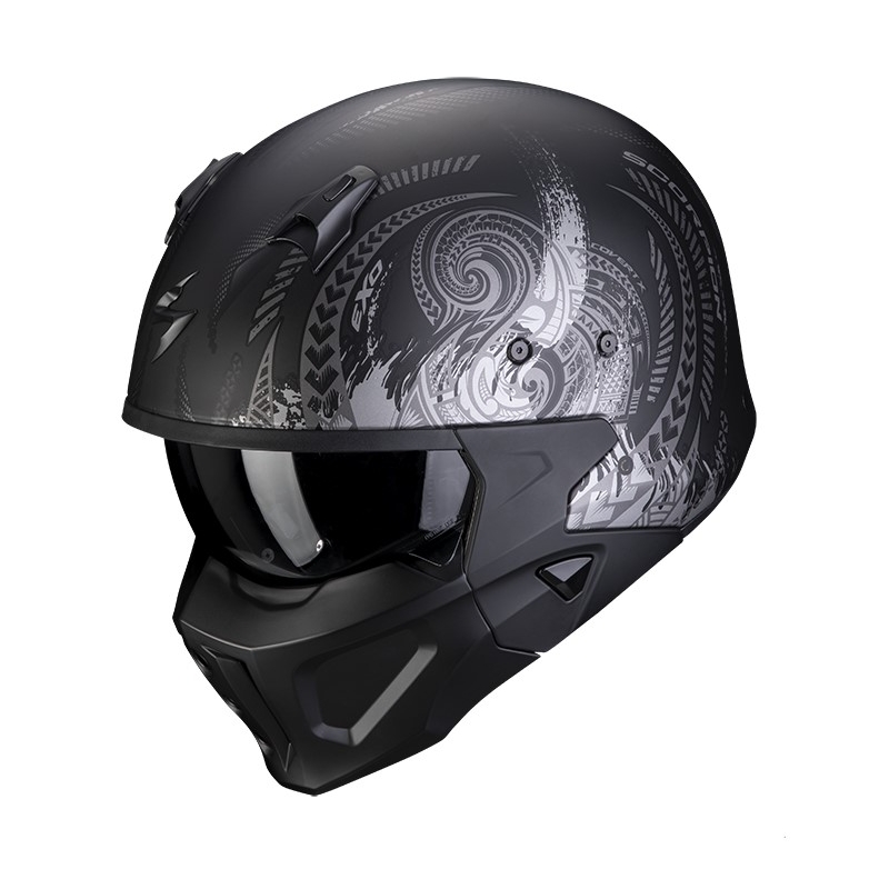 Otvorena kaciga s maskom SCORPION COVERT-X TATTOO mat crno-srebrna