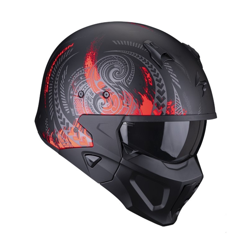 Otvorena kaciga s maskom SCORPION COVERT-X TATTOO mat crno-crvena