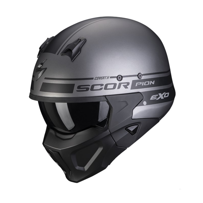 Otvorena kaciga s maskom SCORPION COVERT-X TUSSLE mat srebrno-crna
