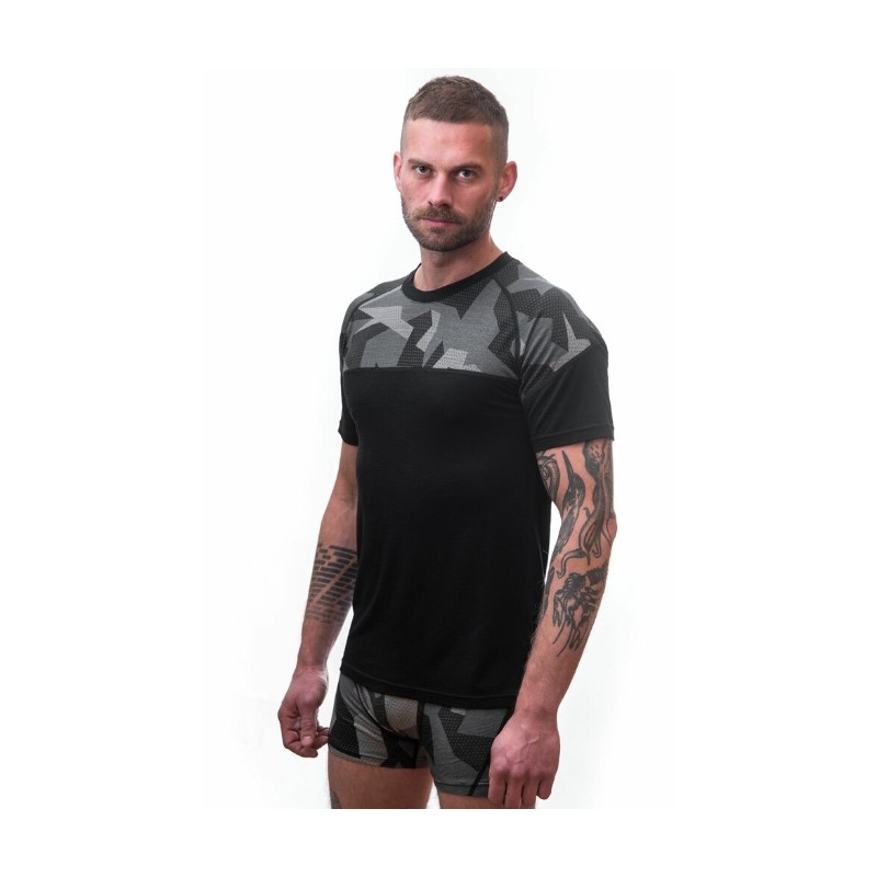 Muška termo majica Sensor Merino Impress crna-kamuflažna - kratki rukav rasprodaja