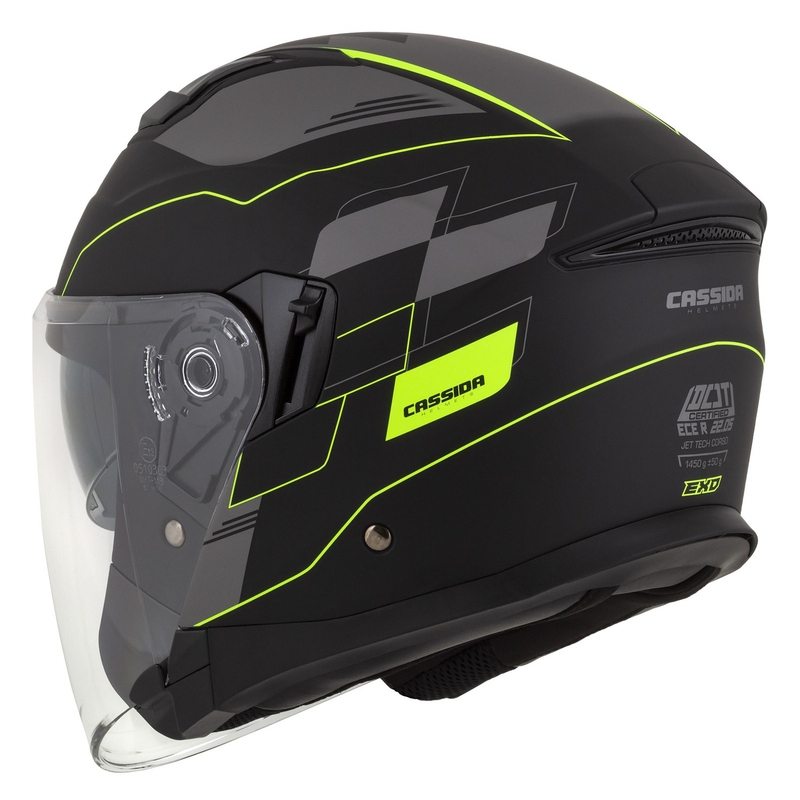 Otvorena motociklistička kaciga Cassida Jet Tech Roxor crno-siva-fluo žuta mat rasprodaja