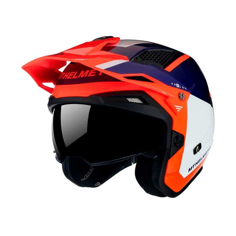 Otvorena motociklistička trial kaciga MT District SV Analog D5 plavo-bijela-fluo narančasta