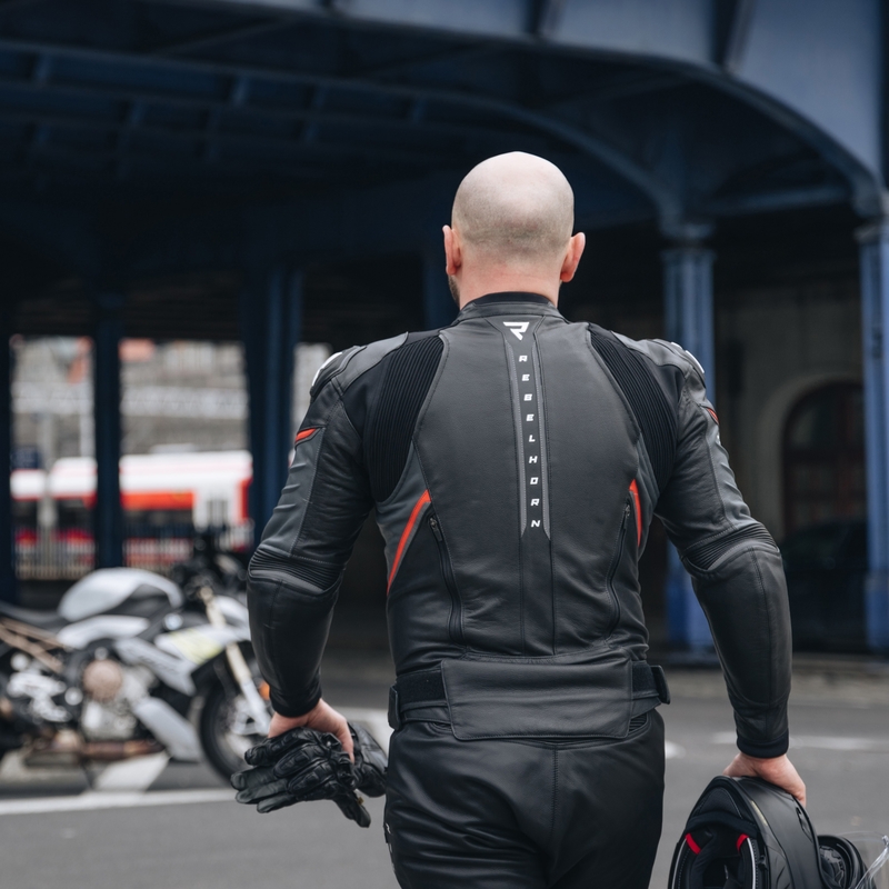 Kožna motoristička jakna Rebelhorn Veloce crno-fluo crvena