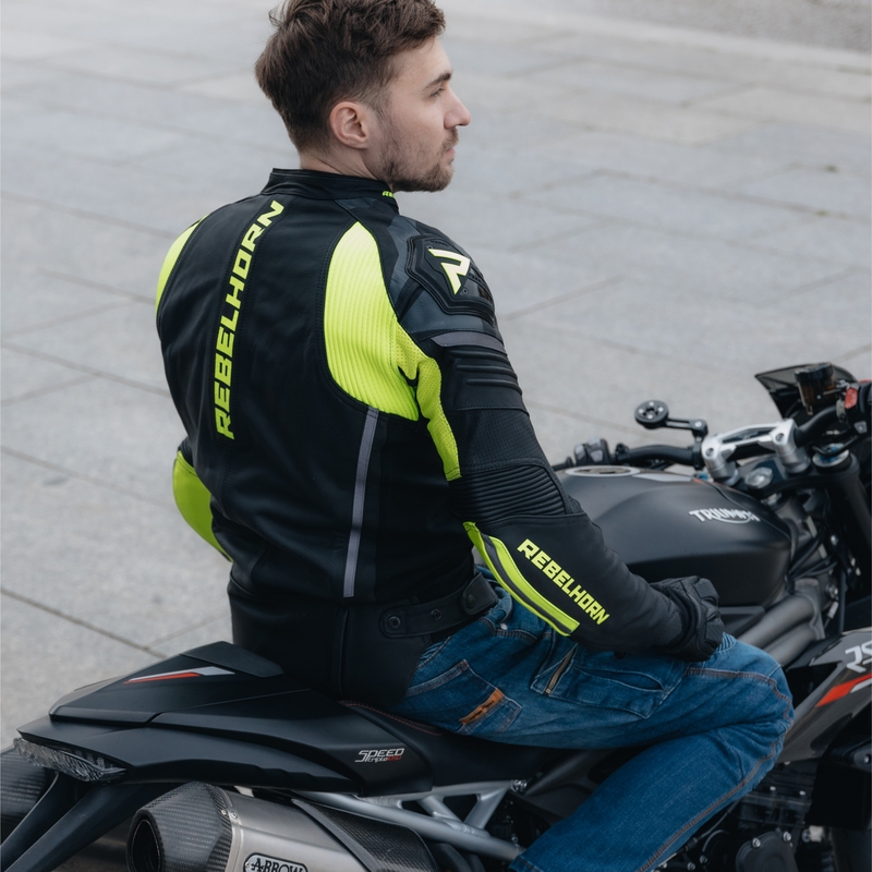 Kožna motoristička jakna Rebelhorn Vandal crno-fluo žuta rasprodaja