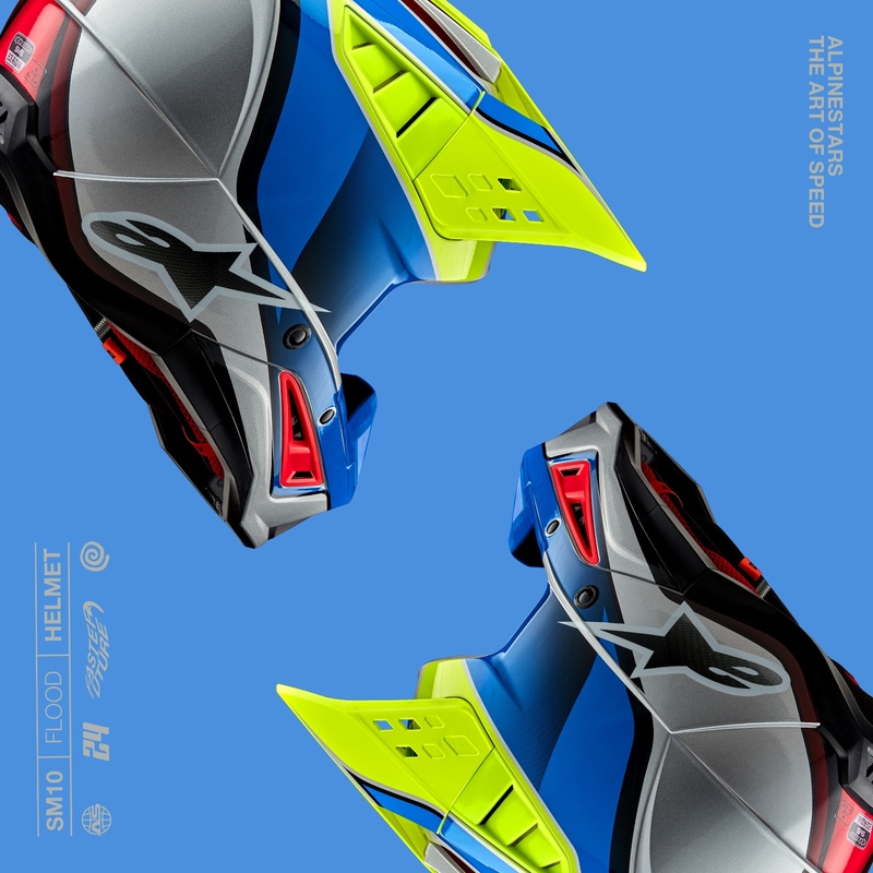 Motocross kaciga Alpinestars S-M5 Sail fluo žuto-plava-srebrna
