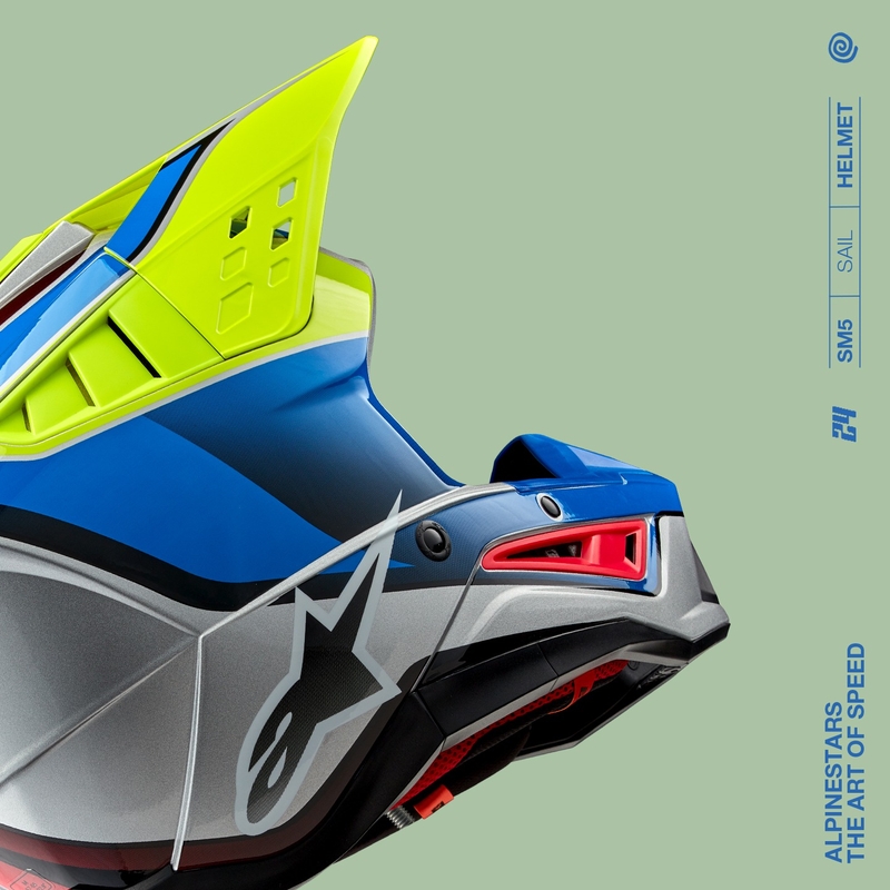 Motocross kaciga Alpinestars S-M5 Sail fluo žuto-plava-srebrna