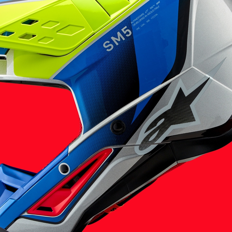 Motocross kaciga Alpinestars S-M5 Sail fluo žuto-plava-srebrna
