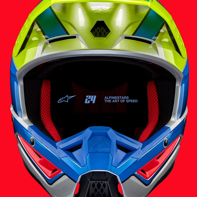 Motocross kaciga Alpinestars S-M5 Sail fluo žuto-plava-srebrna
