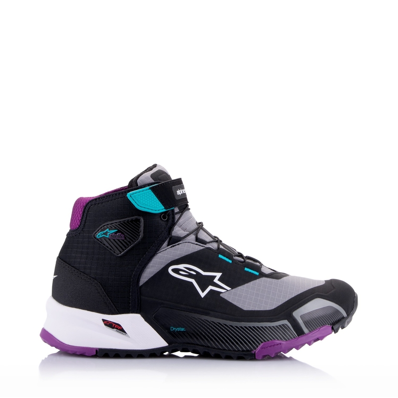 Ženske motociklističke čizme Alpinestars Stella CR-X Drystar crne-sive-ljubičaste-tirkizne