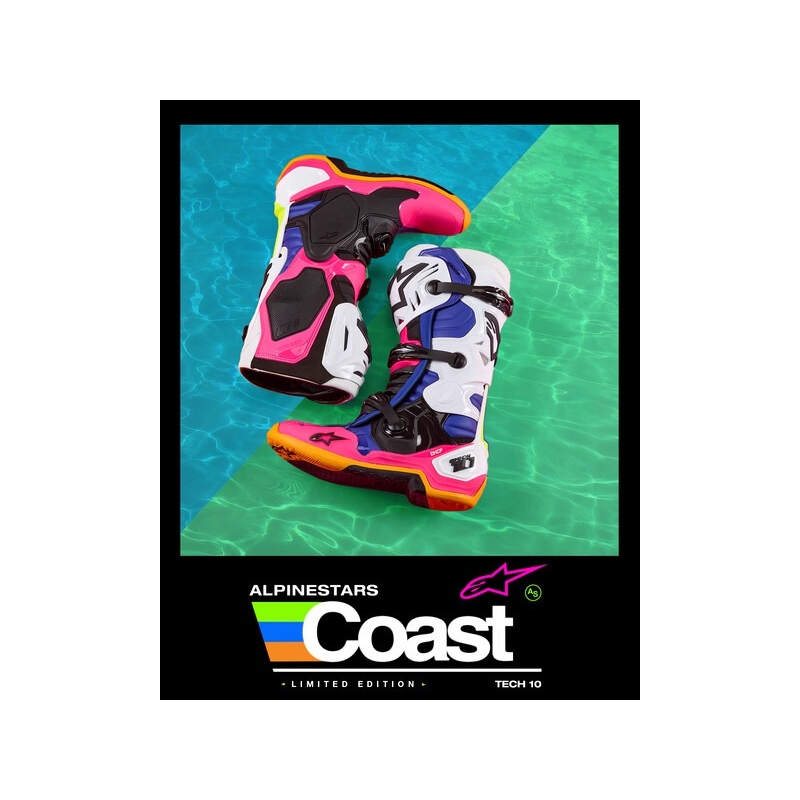 Alpinestars Tech 10 Ograničeno izdanje motociklističkih čizama za obalu Bijelo-Navy-Pink-Fluo Žuto-Narančasto-Crno