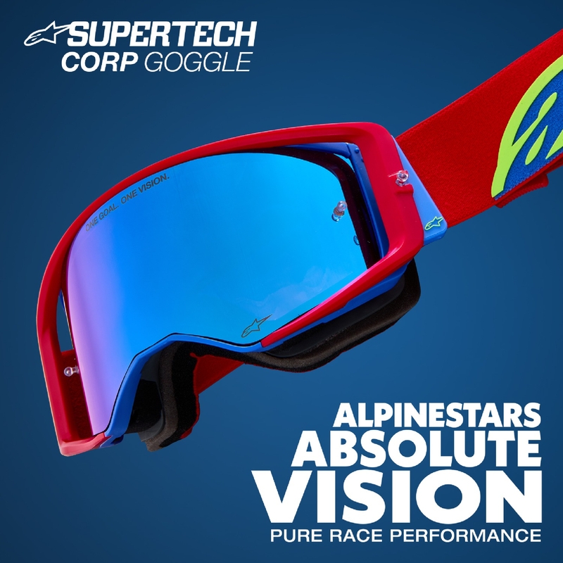 Crveno-plave naočale za motocros Alpinestars Supertech Corp sa zrcalnom srebrnom lećom