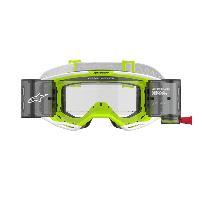 Naočale za motocross Alpinestars Vision 8 Wordmark ROLL-OFF Wide Vision bijelo-fluo žute s prozirnom lećom