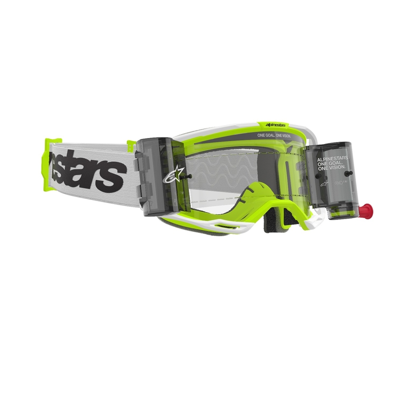 Naočale za motocross Alpinestars Vision 8 Wordmark ROLL-OFF Wide Vision bijelo-fluo žute s prozirnom lećom