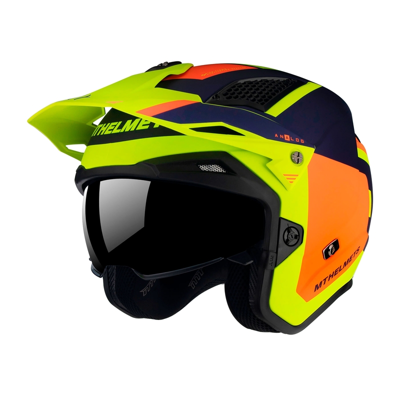 Otvorena motociklistička trial kaciga MT District SV Analog D27 plavo-narančasto-fluo žuta - II. kvaliteta
