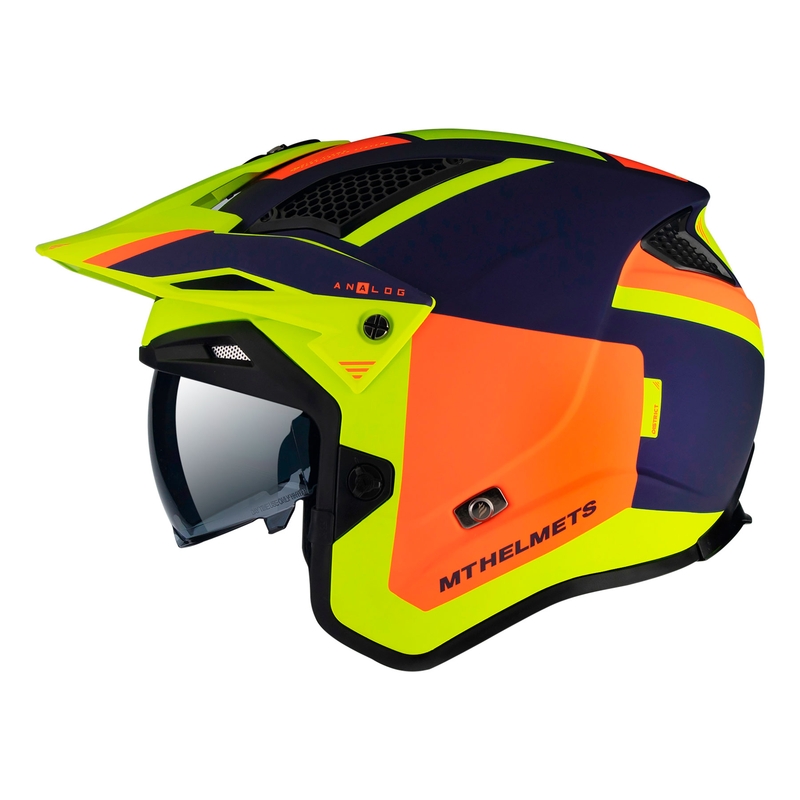Otvorena motociklistička trial kaciga MT District SV Analog D27 plavo-narančasto-fluo žuta - II. kvaliteta
