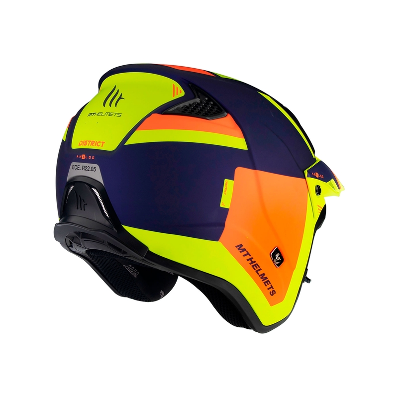 Otvorena motociklistička trial kaciga MT District SV Analog D27 plavo-narančasto-fluo žuta - II. kvaliteta