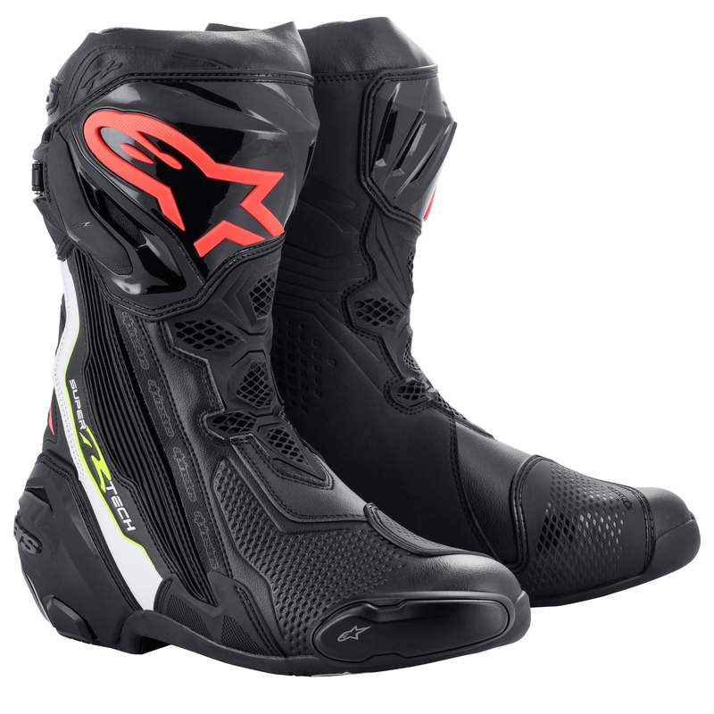 Alpinestars Supertech R motorističke čizme crno-bijele-fluo crvene-fluo žute