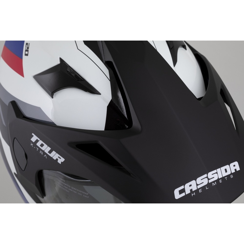 Enduro kaciga Cassida Tour 2.0 X-tra bijelo-plavo-crveno-crna s crnim mat vizirom