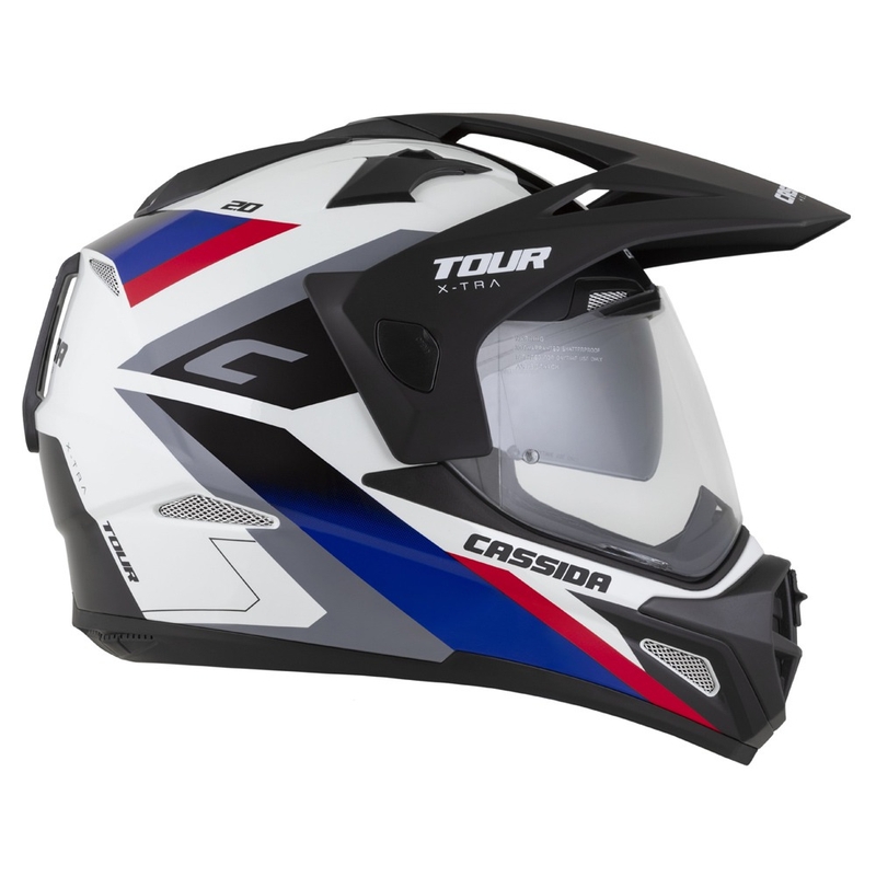 Enduro kaciga Cassida Tour 2.0 X-tra bijelo-plavo-crveno-crna s crnim mat vizirom