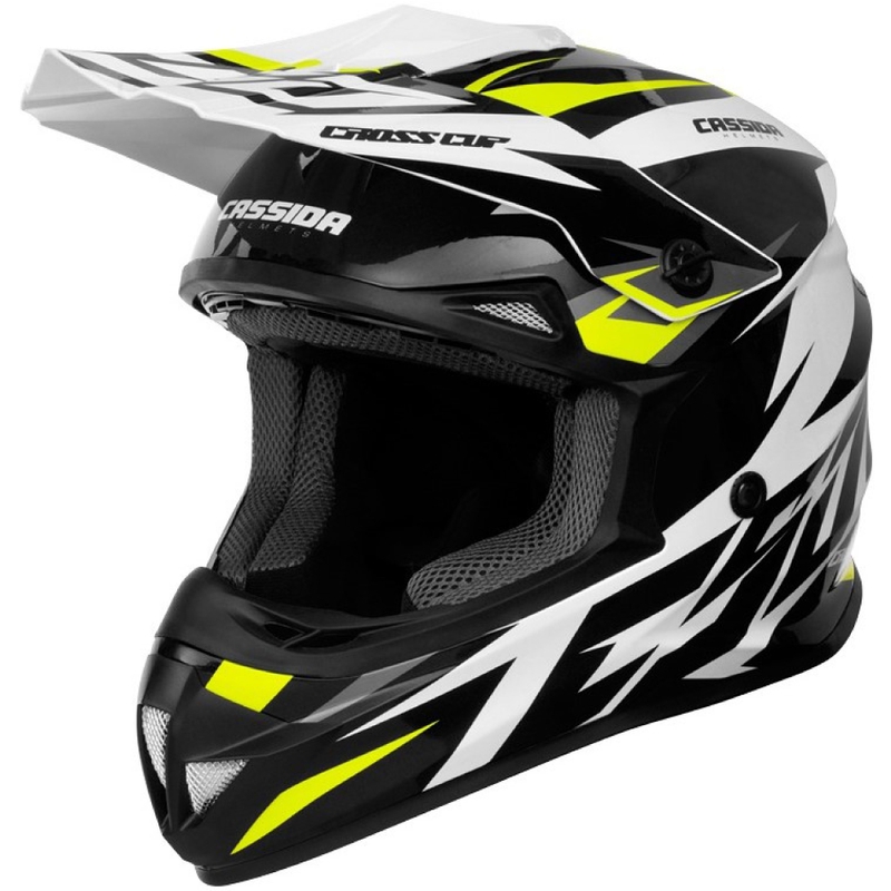 Motocross kaciga Cassida Cross Cup Two crno-bijela-siva-fluo žuta