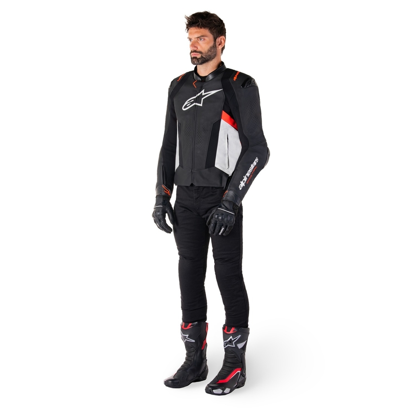 Kožna motoristička jakna Alpinestars Missile 3 crno-bijela-fluo crvena