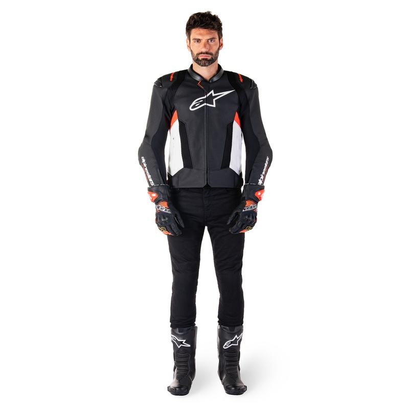 Kožna motociklistička jakna Alpinestars Missile 3 Airflow crno-bijela-fluo crvena