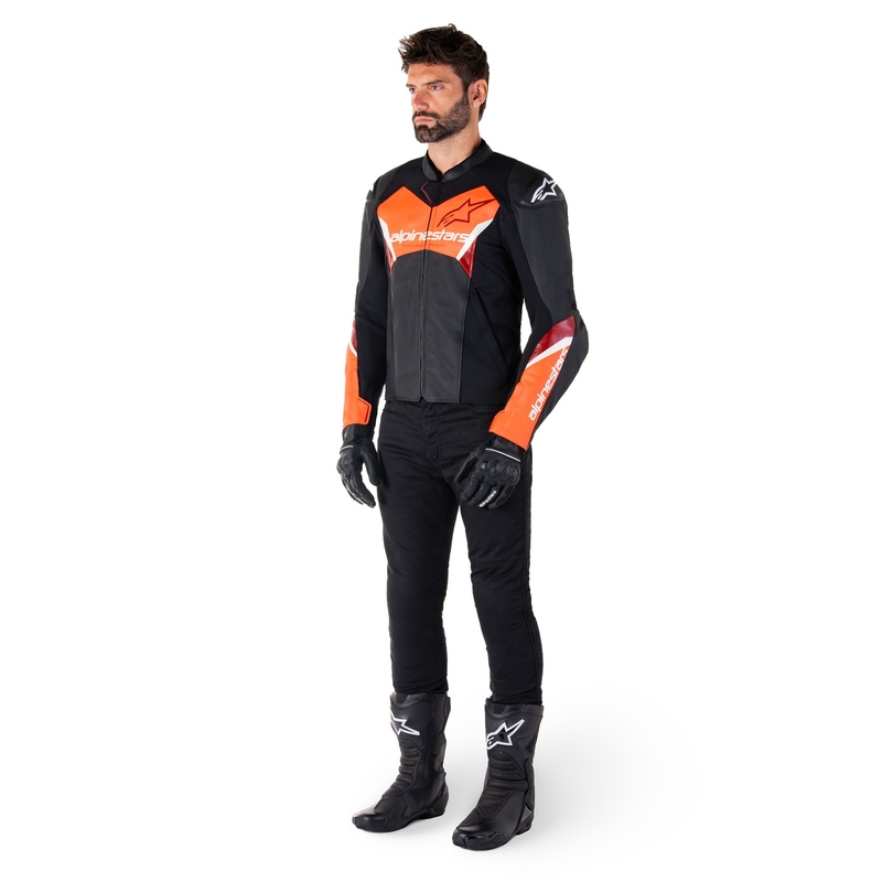 Kožna motoristička jakna Alpinestars Faster 3 crno-fluo crvena