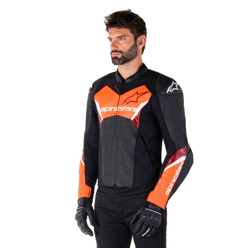 Kožna motoristička jakna Alpinestars Faster 3 crno-fluo crvena