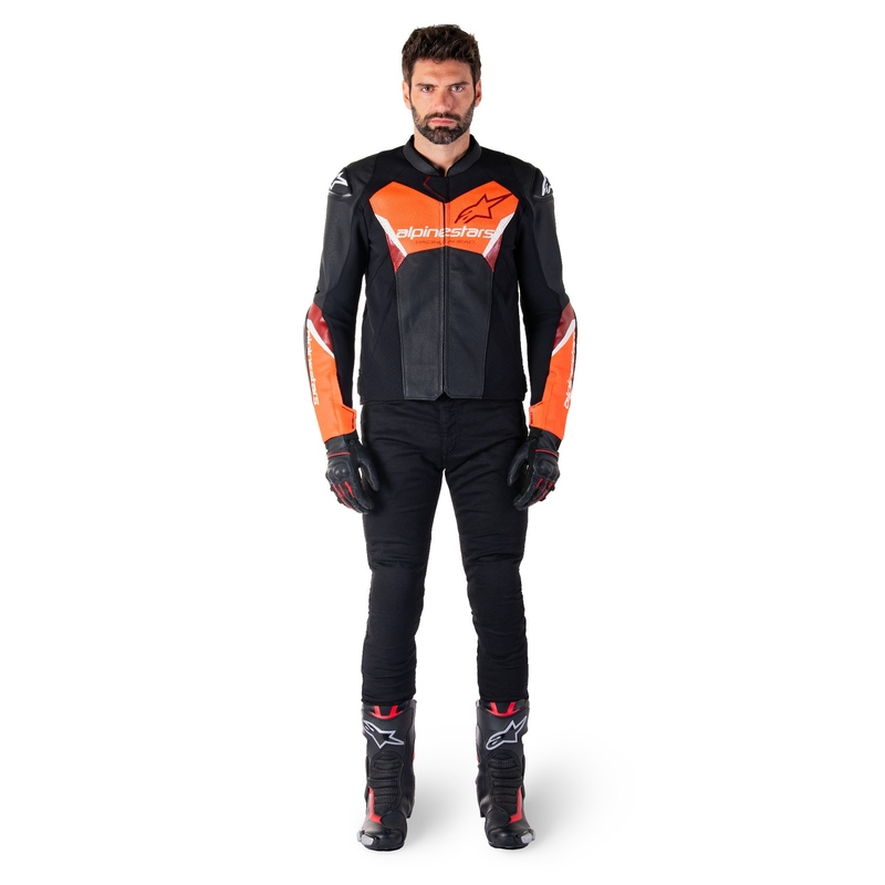 Kožna motociklistička jakna Alpinestars Faster 3 Airflow crno-fluo crvena