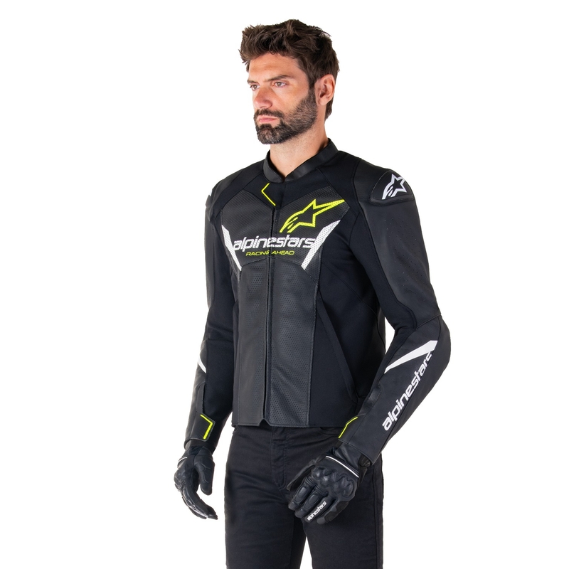 Kožna motoristička jakna Alpinestars Faster 3 Airflow crno-bijelo-žuta
