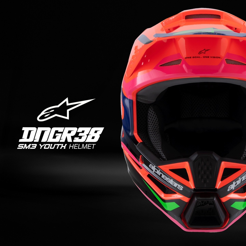 Dječja kaciga za motocross Alpinestars S-M3 HAIDEN DEEGAN fluo narančasta-ljubičasta-roza-zelena