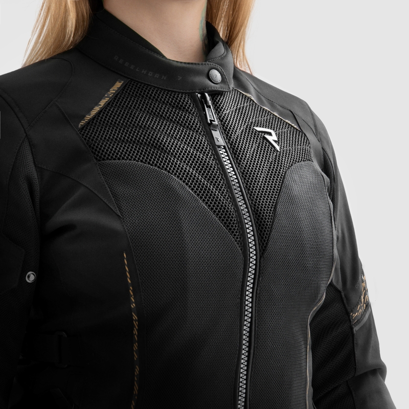 Ženska motociklistička jakna Rebelhorn Jax crna i zlatna