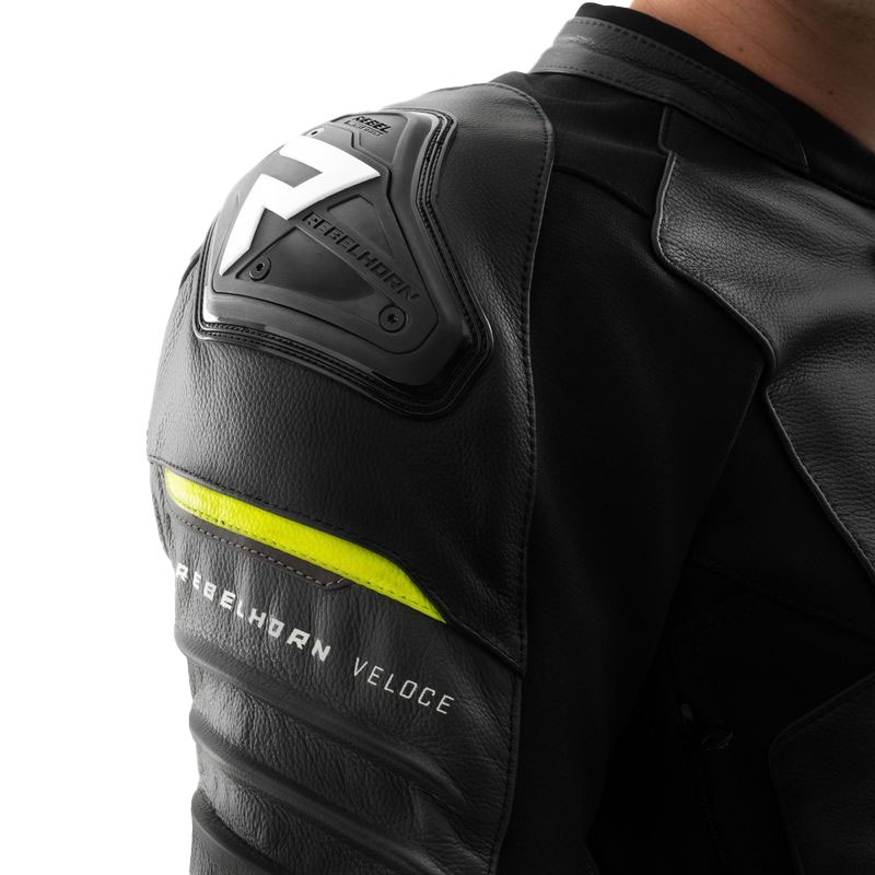 Motociklistička kožna jakna Rebelhorn Veloce crna-siva-fluo žuta