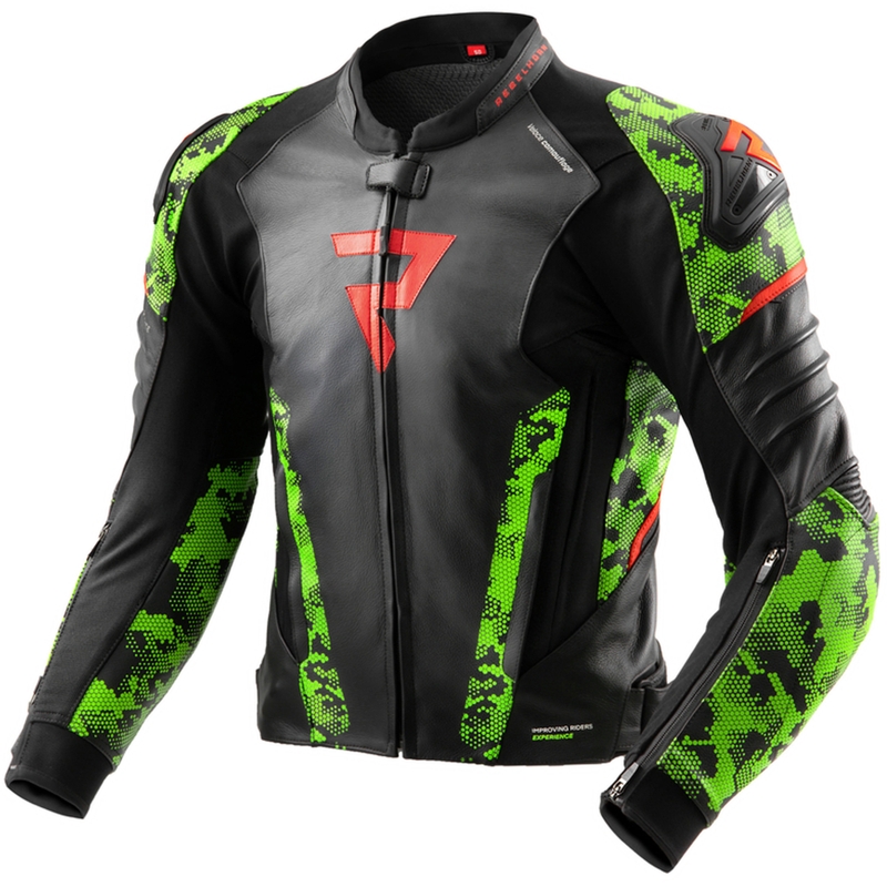 Motociklistička kožna jakna Rebelhorn Veloce crna-camo zelena-fluo crvena