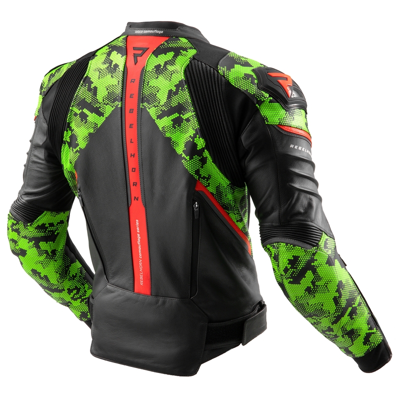 Motociklistička kožna jakna Rebelhorn Veloce crna-camo zelena-fluo crvena