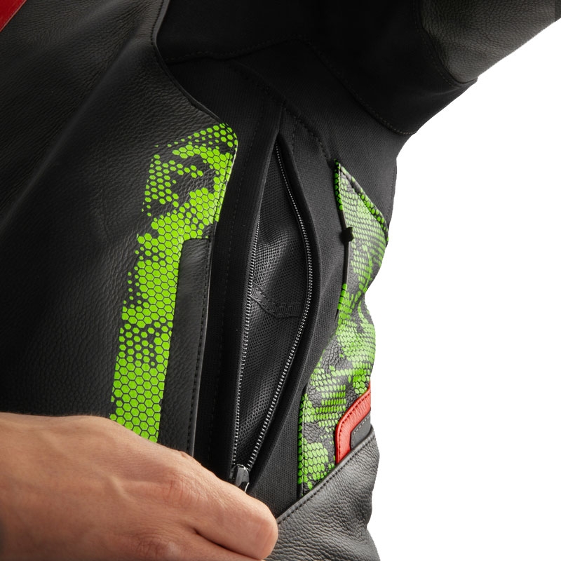 Motociklistička kožna jakna Rebelhorn Veloce crna-camo zelena-fluo crvena