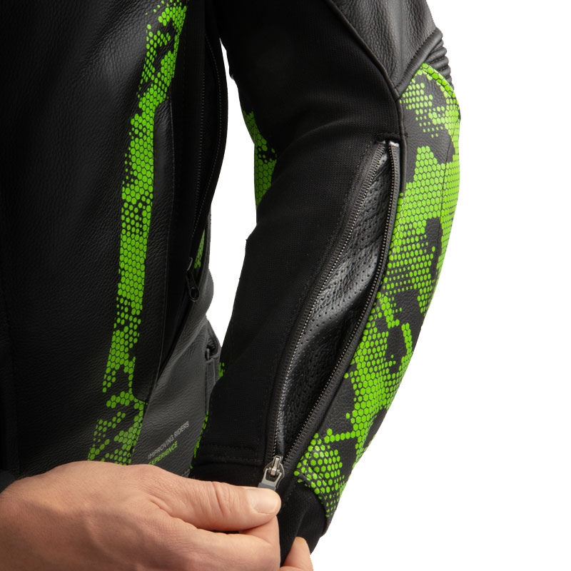 Motociklistička kožna jakna Rebelhorn Veloce crna-camo zelena-fluo crvena