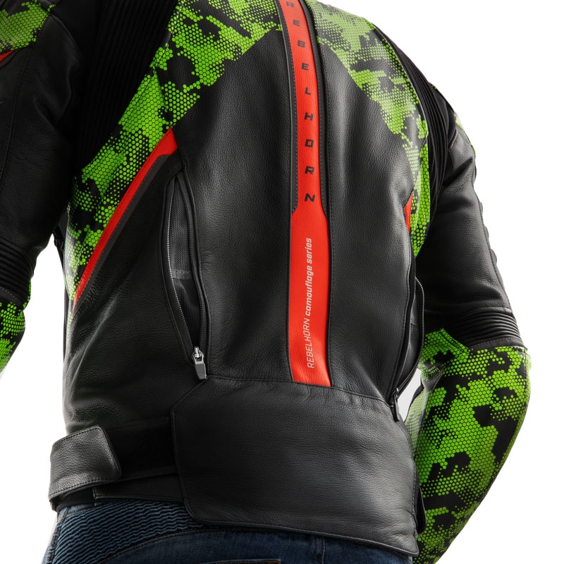 Motociklistička kožna jakna Rebelhorn Veloce crna-camo zelena-fluo crvena