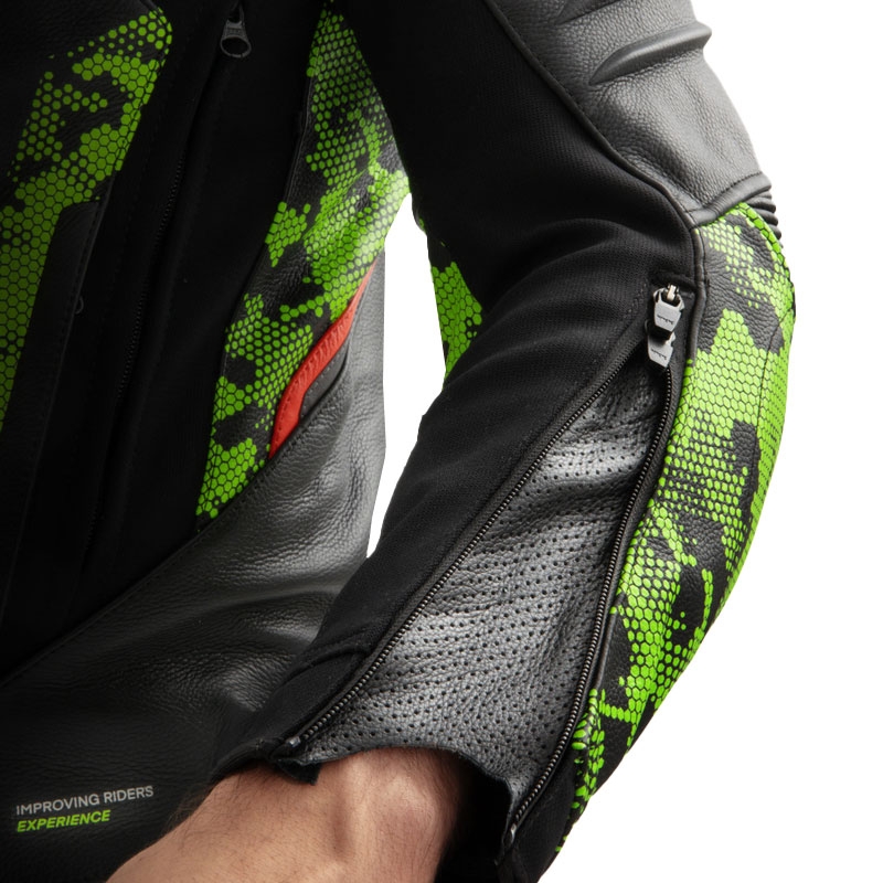 Motociklistička kožna jakna Rebelhorn Veloce crna-camo zelena-fluo crvena