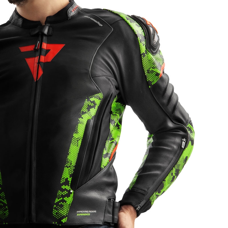 Motociklistička kožna jakna Rebelhorn Veloce crna-camo zelena-fluo crvena