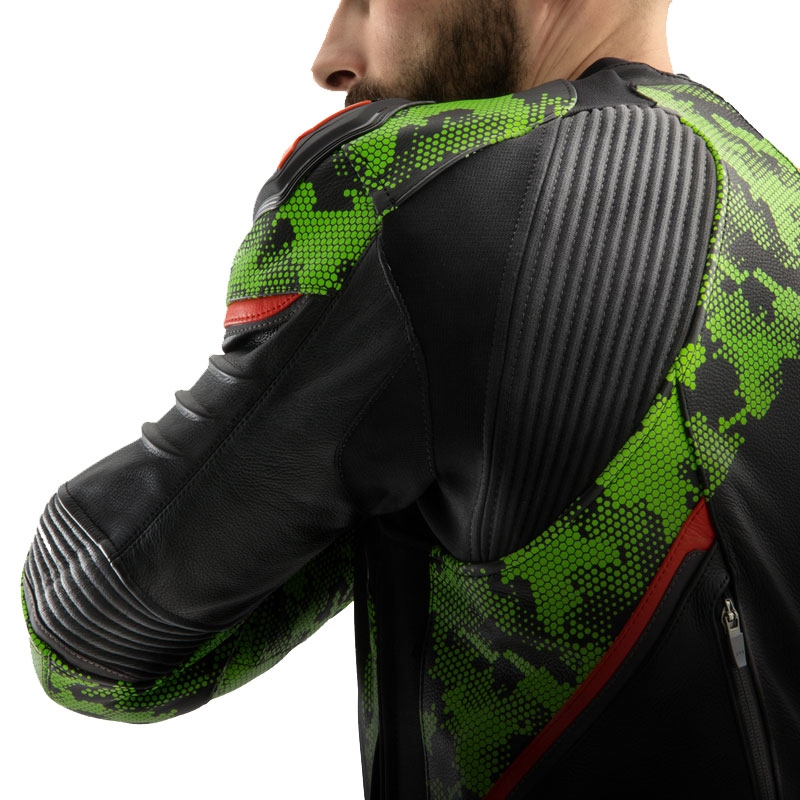 Motociklistička kožna jakna Rebelhorn Veloce crna-camo zelena-fluo crvena