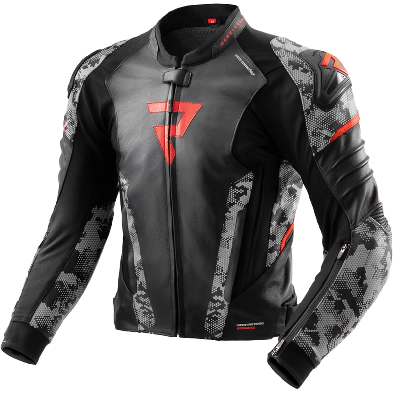 Kožna motoristička jakna Rebelhorn Veloce crna-siva-fluo crvena