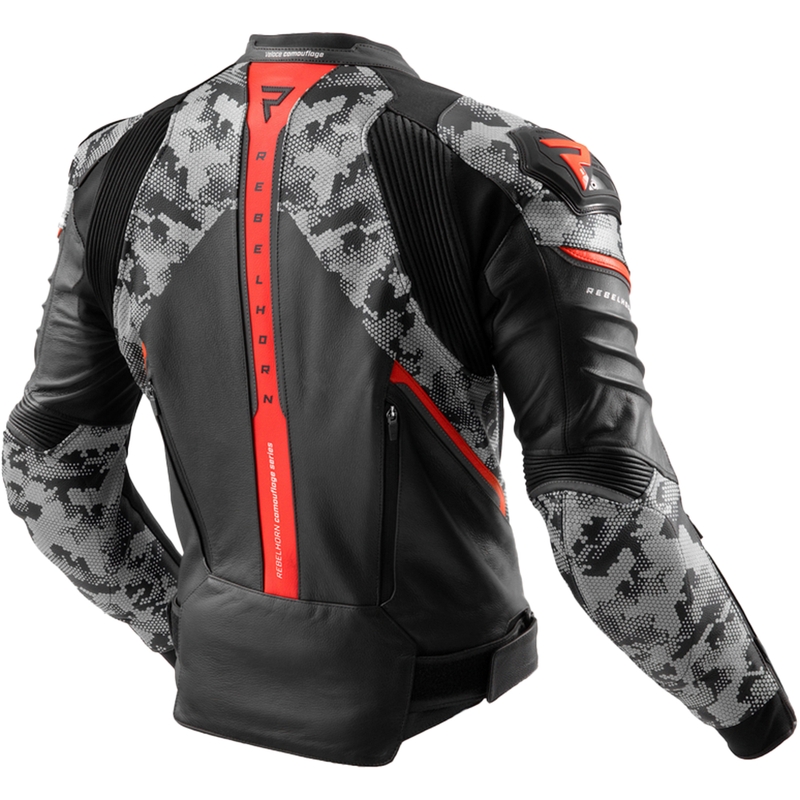Kožna motoristička jakna Rebelhorn Veloce crna-siva-fluo crvena