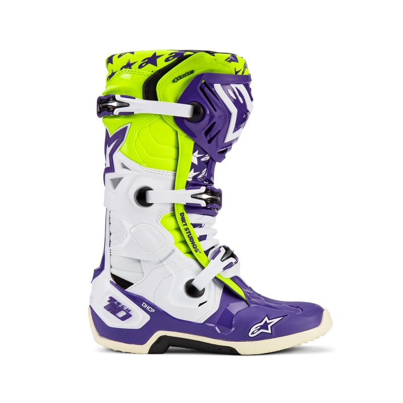 Alpinestars TECH 10 motociklističke čizme ograničeno izdanje Dirt Studios ljubičasto-bijelo-fluo žuto
