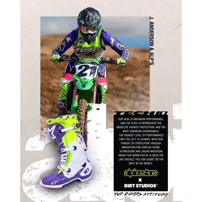 Alpinestars TECH 10 motociklističke čizme ograničeno izdanje Dirt Studios ljubičasto-bijelo-fluo žuto